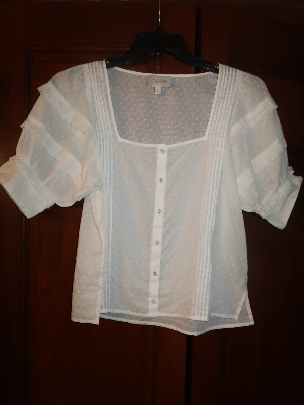White Swiss Dot Button-Front Peasant Blouse